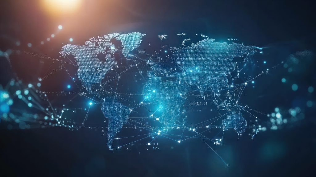 A digital world map with glowing blue lines and points connecting various locations, symbolizing global connectivity, research & strategy in data networks, on a dark background with a bright light in the upper left corner.