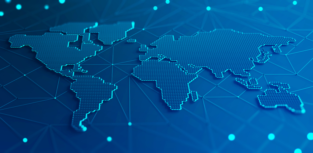 A digital, blue-toned world map with continents formed by small dots, connected by lines and glowing nodes, representing global networks and technology.