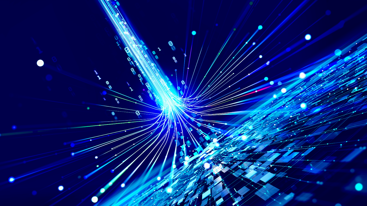 Abstract digital illustration of glowing blue lines and data streams converging above a grid of illuminated squares, symbolizing data transmission, technology, and high-speed internet on a dark background.
