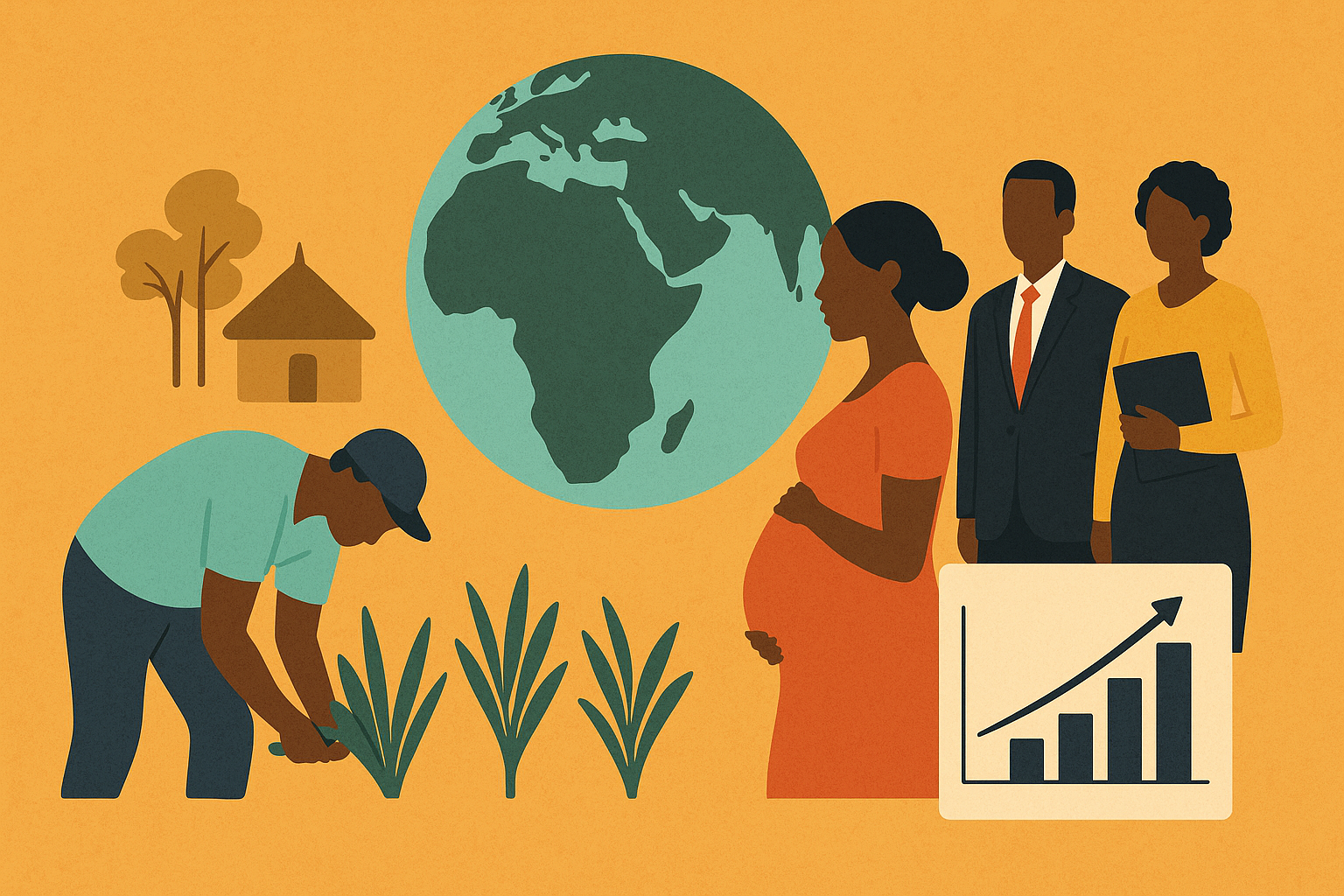 Illustration of Africa with a globe, a man farming, a pregnant woman, two professionals, a rural hut, trees, and a chart with an upward trend, symbolizing progress and development in Africa.