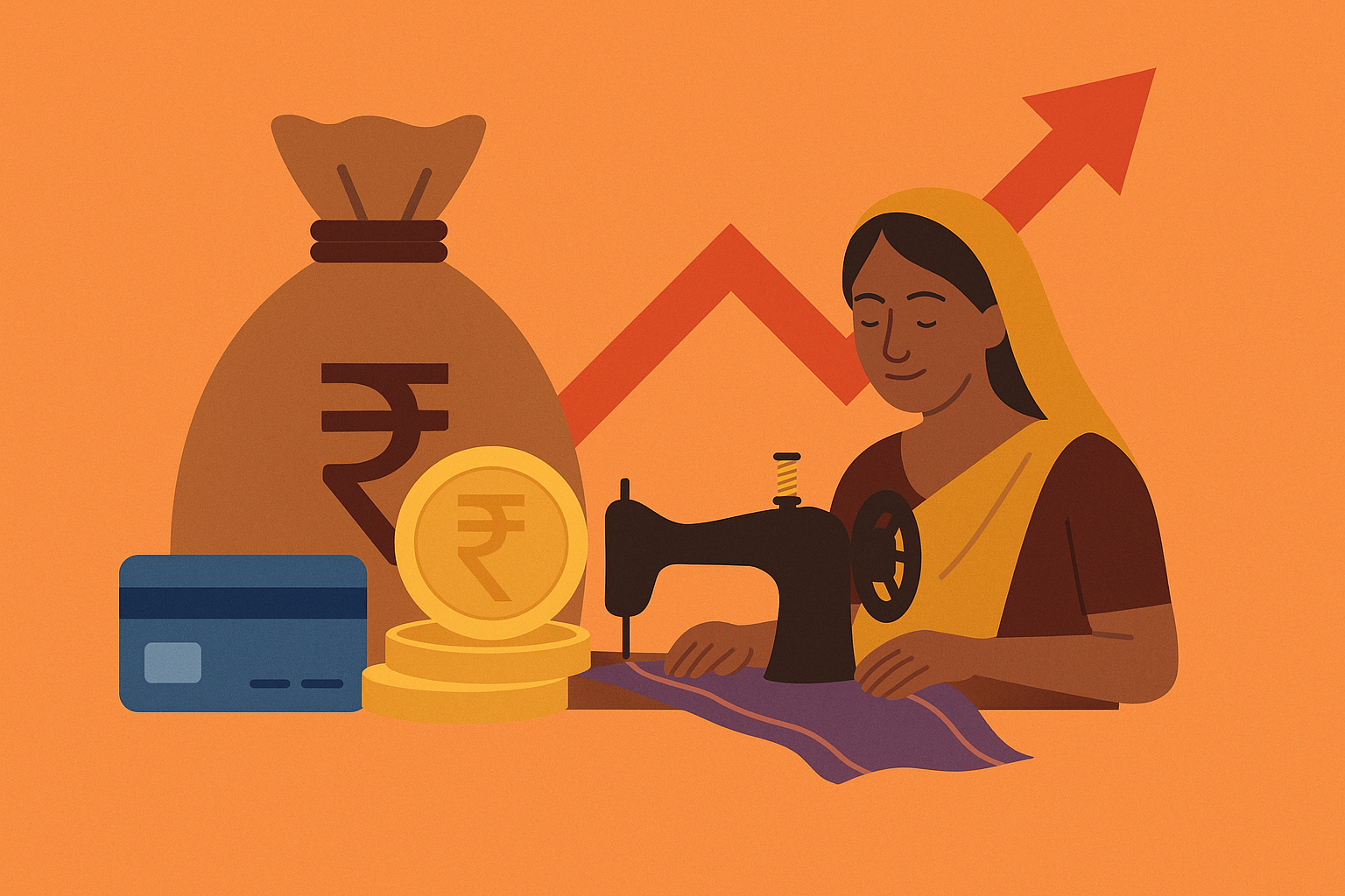 Illustration of a woman sewing with a sewing machine, surrounded by a bag and coins with the rupee symbol, a credit card, and an upward-pointing arrow, symbolizing financial growth and empowerment.