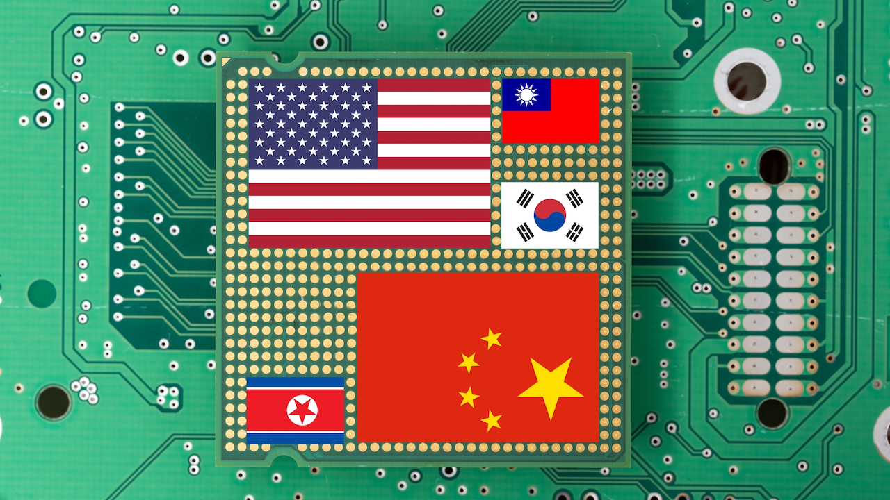 A computer chip with the flags of the U.S., Taiwan, South Korea, North Korea, and China on its surface, set against a green circuit board background.