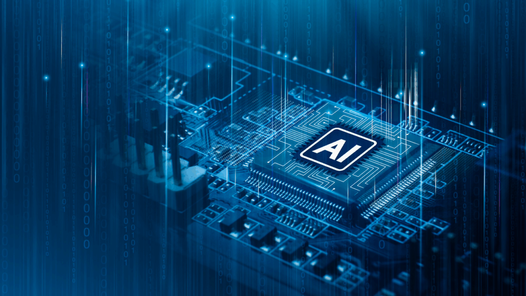 A glowing computer microchip with the letters AI in the center, surrounded by circuitry, representing artificial intelligence technology in a digital, blue-toned theme.
