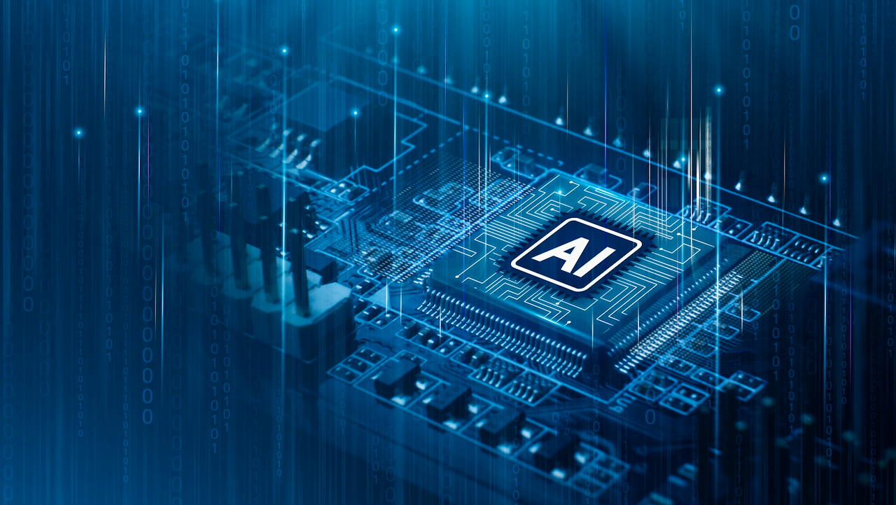 A glowing computer microchip with the letters AI in the center, surrounded by circuitry, representing artificial intelligence technology in a digital, blue-toned theme.