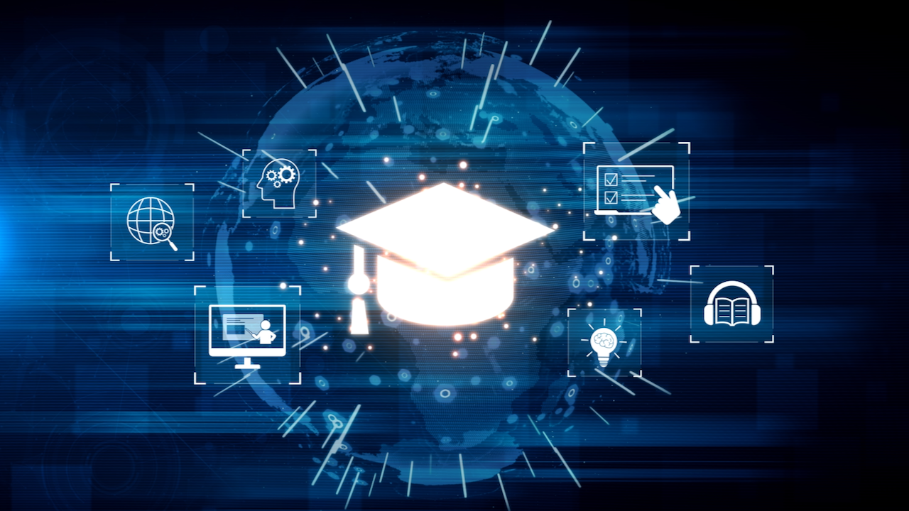 A glowing graduation cap icon is centered on a digital, blue-toned background with a globe. Surrounding icons represent online learning, technology, education, books, and checklists.