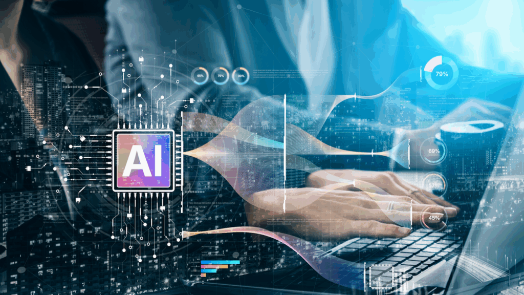 A person types on a laptop with digital graphics overlay, including an AI icon, flow lines, and percentage charts, representing artificial intelligence and data analysis in a modern technological setting.