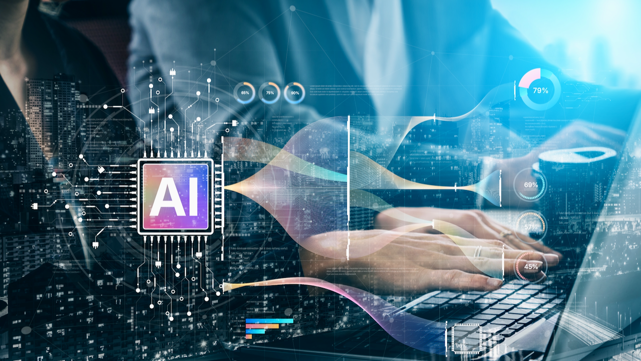 A person types on a laptop with digital graphics overlay, including an AI icon, flow lines, and percentage charts, representing artificial intelligence and data analysis in a modern technological setting.