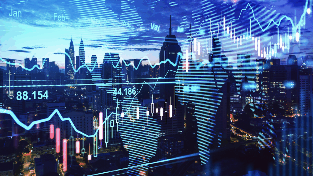 A digital composite image showing a city skyline at dusk overlaid with financial graphs, stock market data, line charts, and a world map, representing global finance and economic trends.