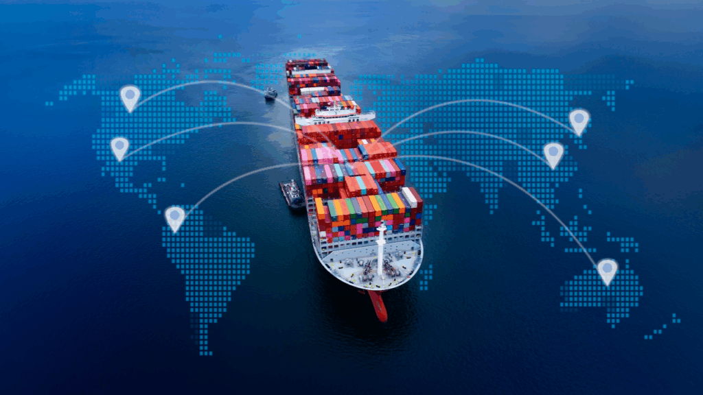 A large cargo ship loaded with multicolored shipping containers sails on the ocean, with a digital world map overlay showing location markers and connecting lines, symbolizing global shipping and logistics.