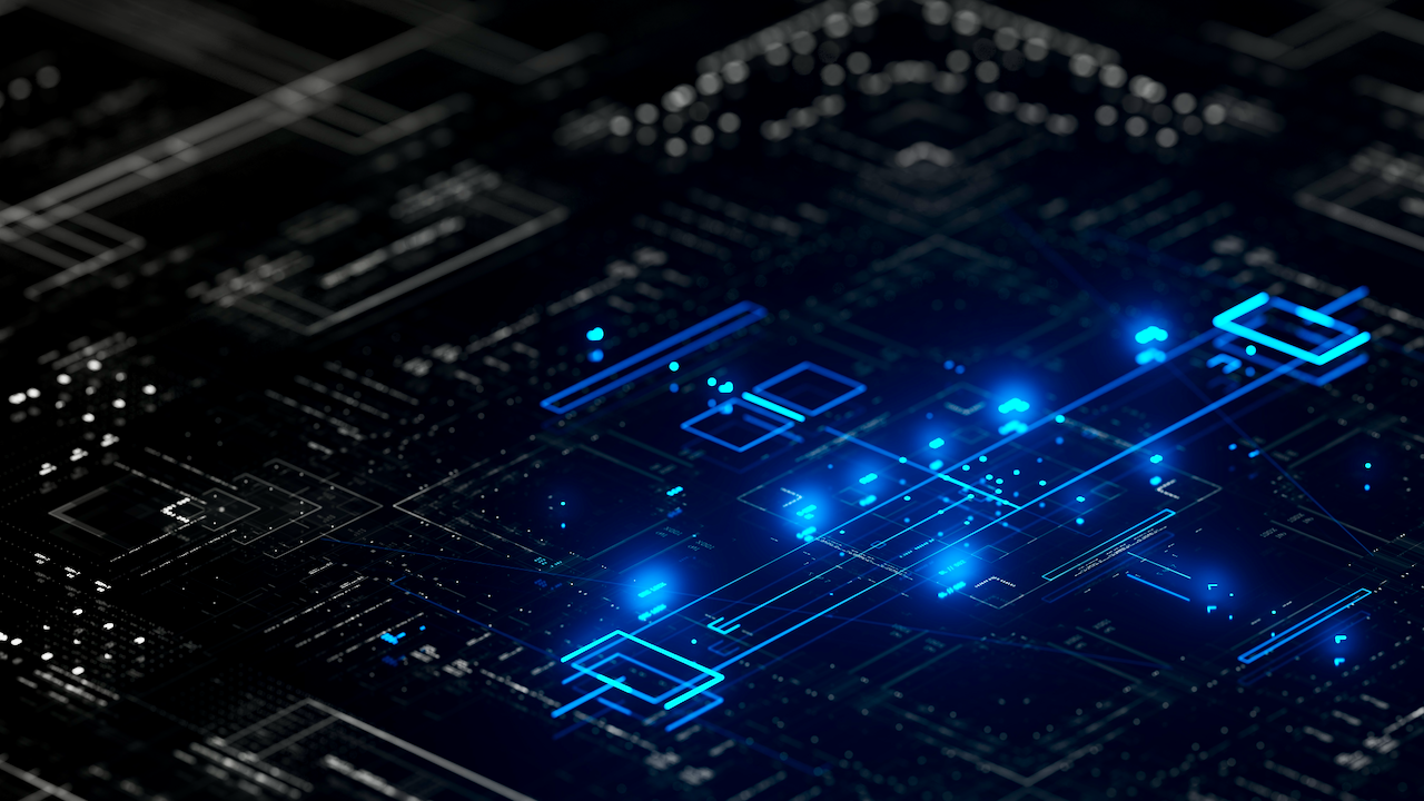 A close-up of a digital circuit board with glowing blue lines and nodes, representing data flow and technology on a dark background. The image conveys a futuristic, high-tech atmosphere.