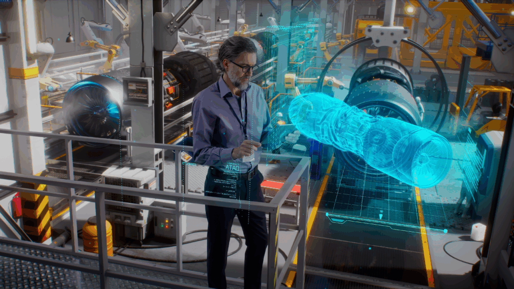 A man in a modern industrial facility interacts with a large, blue, transparent hologram of a turbine engine, surrounded by advanced machinery and robotic arms.
