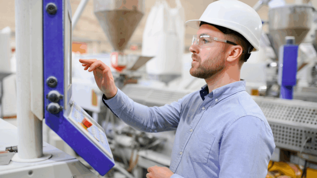 A man wearing a white hard hat, safety goggles, and a light blue shirt operates a control panel in an industrial or manufacturing facility. Machinery and equipment are visible in the background.