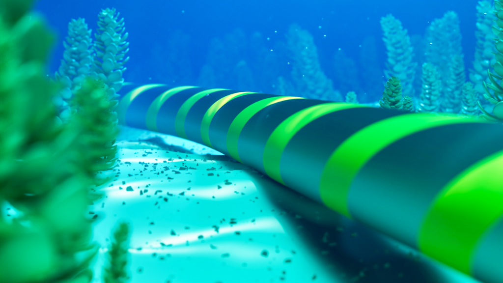 A large black cable with green stripes lies on the ocean floor, surrounded by underwater plants and illuminated by blue-tinted sunlight filtering through the water.