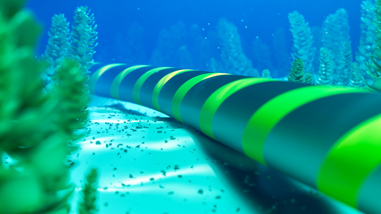 A large black cable with green stripes lies on the ocean floor, surrounded by underwater plants and illuminated by blue-tinted sunlight filtering through the water.