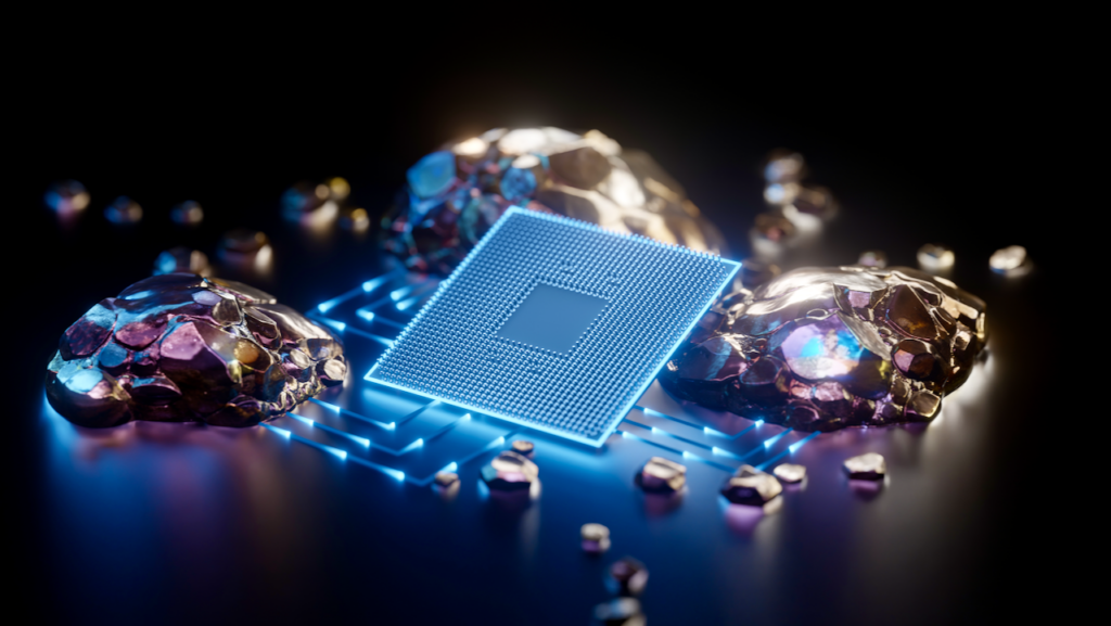 A glowing computer microchip with blue circuitry sits surrounded by metallic, gold-like rocks and nuggets on a dark reflective surface, symbolizing technology and precious resources.