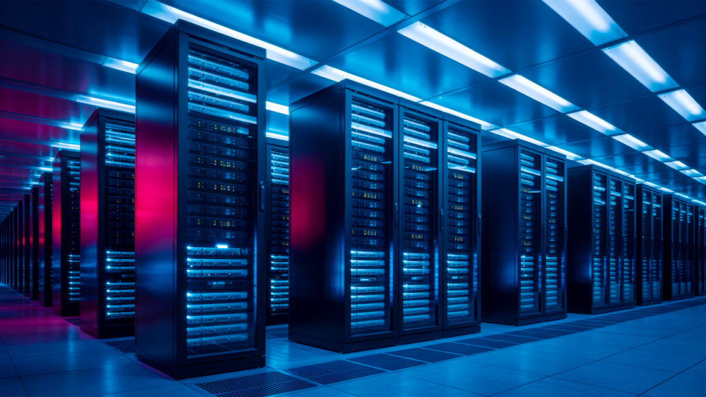 Rows of tall, illuminated server racks stand in a high-tech data center, glowing with blue and red lights under a reflective ceiling, creating a futuristic and organized atmosphere.