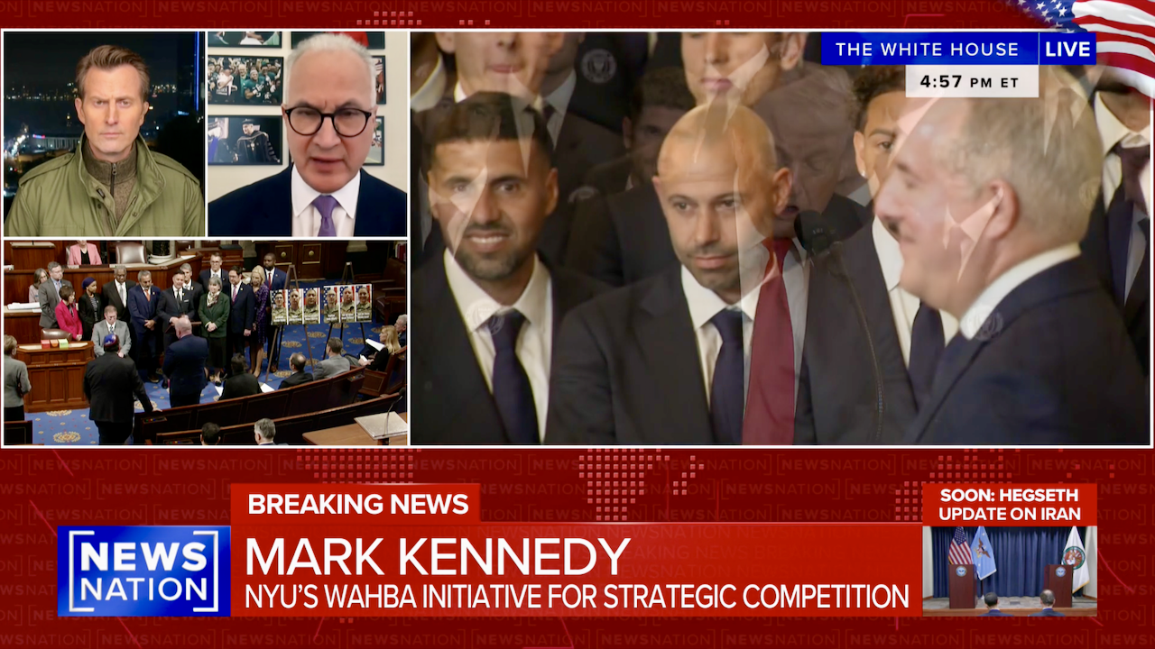 A news broadcast shows a split screen with reporters, a government chamber, and a group of men in suits at a podium. The headline reads, Mark Kennedy - NYUs Wahba Initiative for Strategic Competition.