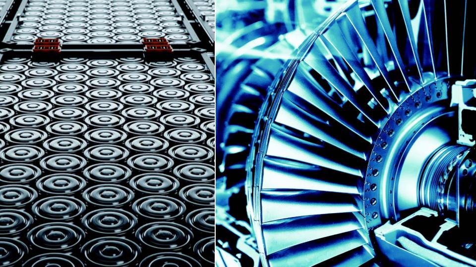 Close-up of battery cells arranged in a grid (left) and a detailed view of metal turbine blades (right), both with cool blue lighting highlighting their industrial design.